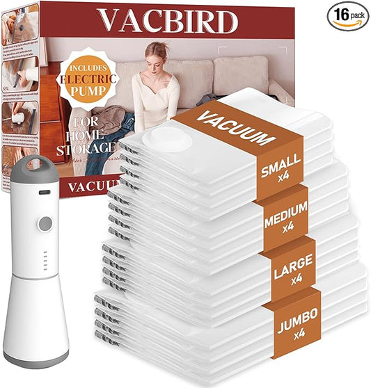 Vacuum Seal Bags for Clothing, 16 Pack Vacuum Storage Bags with Wireless Charging Air Pump(4J+4L+4M+4S), Space Saver Bags for Clothes Blanket Duvets Pillows Comforters Travel