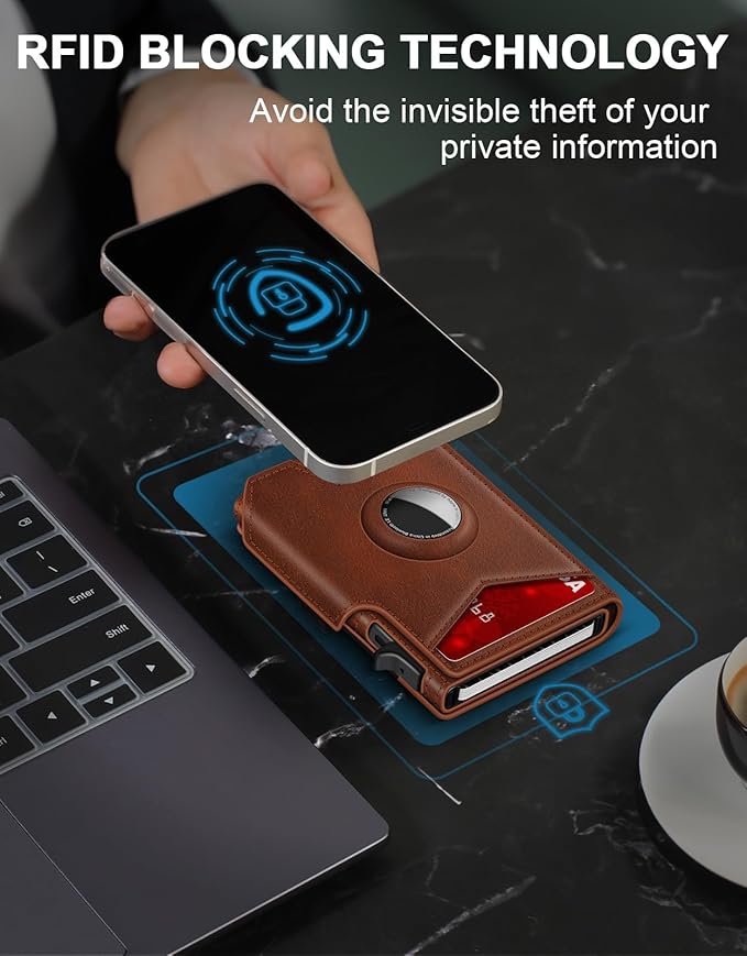 Airtag Wallet for Men, Minimalist Slim Mens Wallet Smart Pop Up Credit Card Holder for 9-13 Cards, RFID Blocking Wallet with ID Window & Cash Slot, Compact Bifold Metal Aluminum Card Case