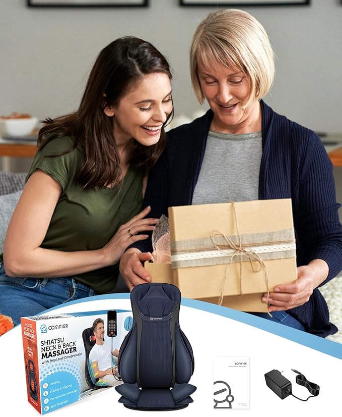 COMFIER Shiatsu Back Massager with Heat,Massage Chair Pad with Tapping,Kneading Massage Seat Cushion with Compression,Adjustable Height Chair Massager for Office Chairs,Gift for Mom,Dad