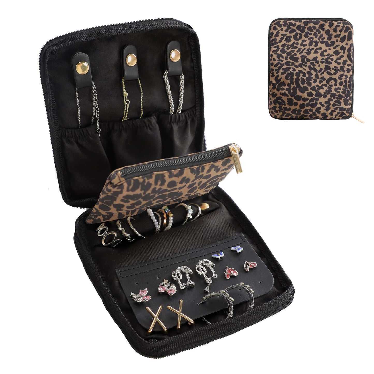 U+U Travel Jewelry Case for Women Portable Jewelry Travel Organizer for Journey-Rings, Necklaces, Earrings, Bracelets (Leopard)