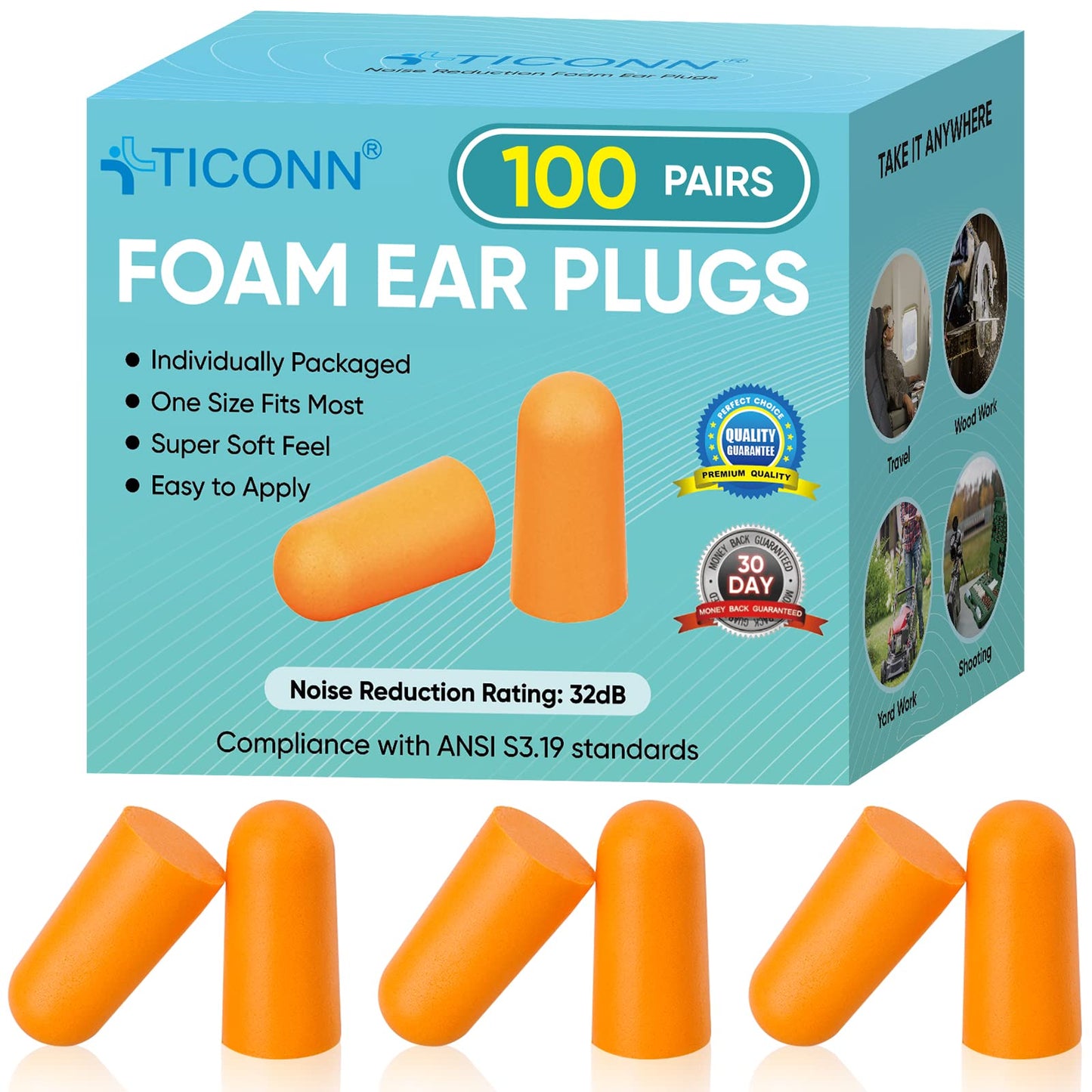 TICONN 100 Pairs Ear Plugs, 32dB Noise Reduction Earplugs for Sleeping Hearing Protection Travel Study Concentration Construction Site (100 Pairs)
