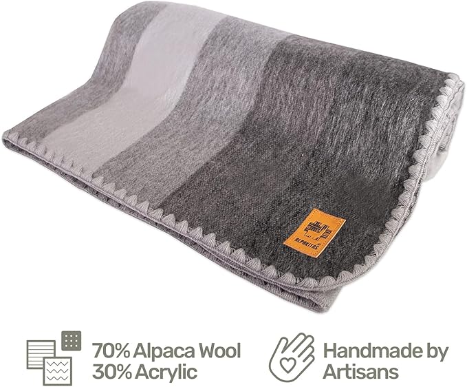 ALPAKITAS Alpaca Wool Blanket Throw | Large, Beautiful, Warm, Stripes | 64 x 45 inches | Ultra-Soft, Hypoallergenic and Breathable | Non-Itchy or Scratchy (Gray)