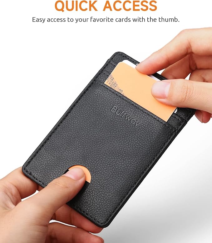 Buffway Mens Slim Wallet, Minimalist Thin Front Pocket Leather Credit Card Holder with RFID Blocking for Work Travel