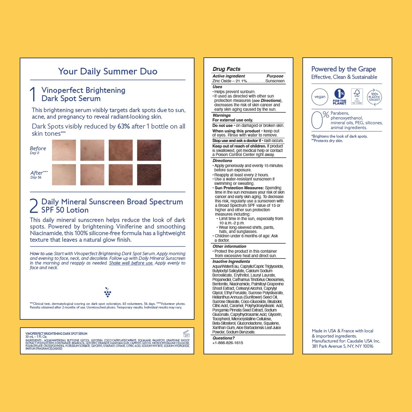 Caudalie Vinoperfect Dark Spot Brightening Serum & Vinosun Daily Mineral Sunscreen for Face, Broad Spectrum SPF 50 Lotion - Skin Care Set