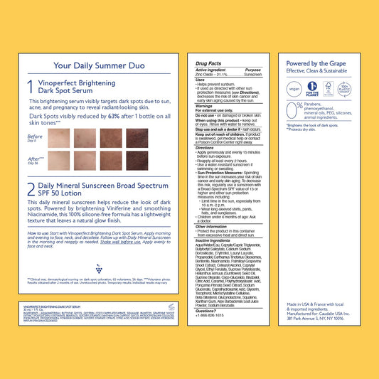 Caudalie Vinoperfect Dark Spot Brightening Serum & Vinosun Daily Mineral Sunscreen for Face, Broad Spectrum SPF 50 Lotion - Skin Care Set