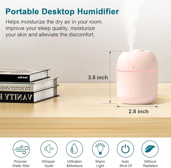 Portable Small Humidifier, USB Personal Desktop Humidifier for Car, Office Room, Bedroom, Auto Shut-Off, 2 Mist Modes, Super Quiet(220ml, Pink)