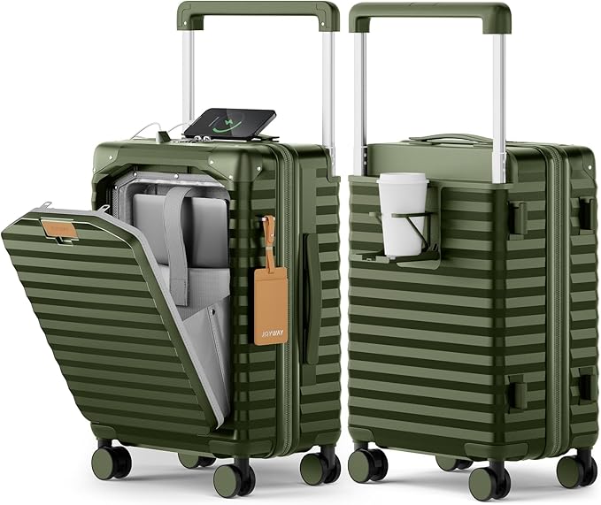 Joyway 20 Inch Carry on Luggage with Front Pocket, PC Hardshell Carry-on Suitcase with USB Port and Cup Holder, 21.5x14.2x9 Airline Approved, Luggage with Spinner Wheels and TSA Lock(Dark Green)