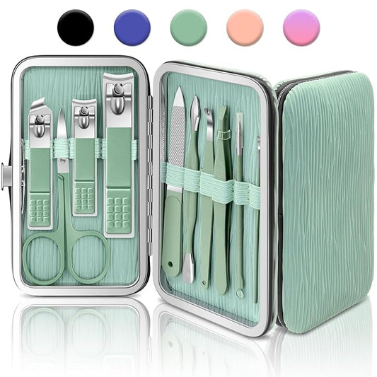 BLESWIN 10-Piece Nail Care Kit, Professional Manicure Set with Green Leather Case, Ideal for Women & Men