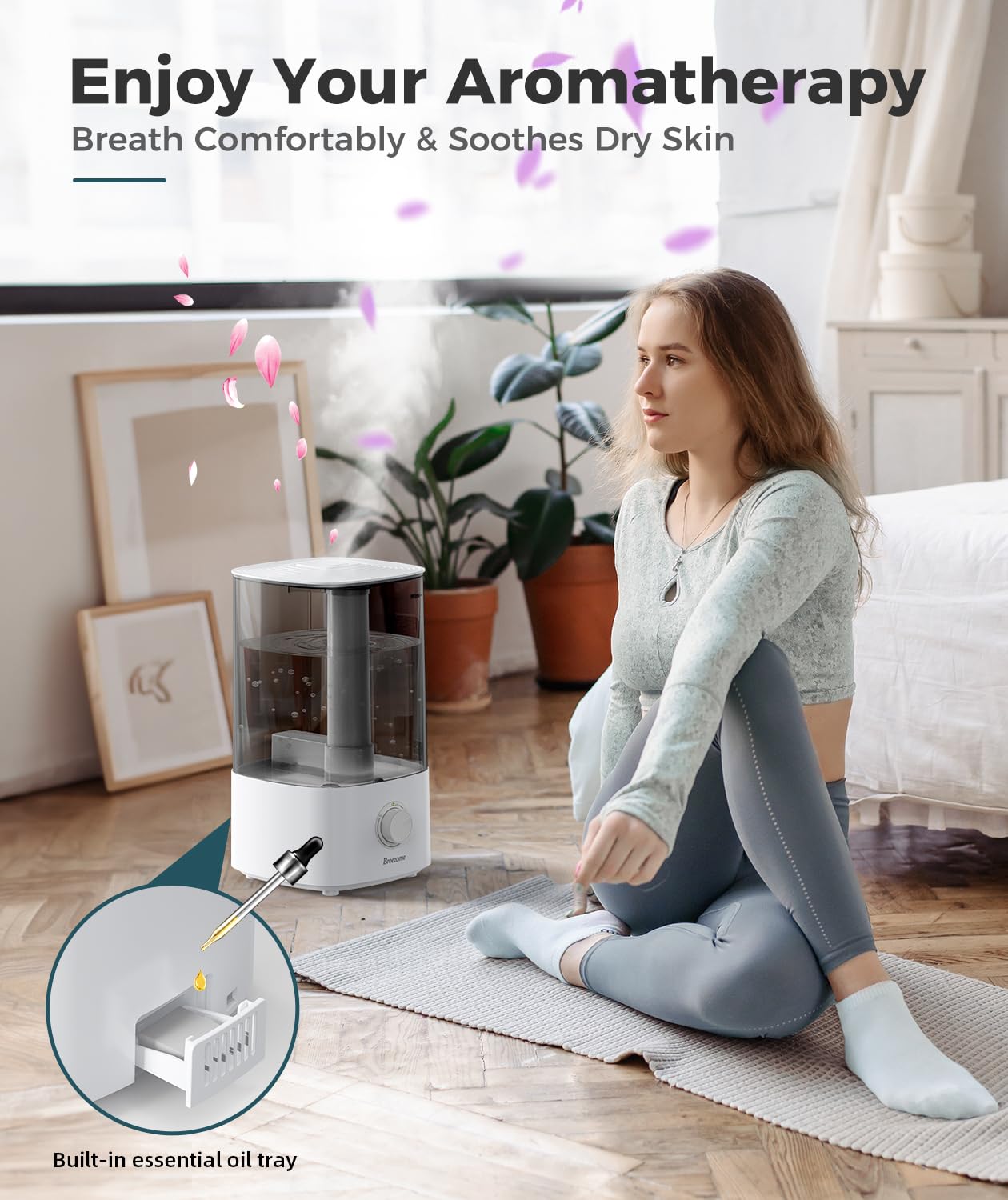 BREEZOME 4L Humidifiers for Bedroom, Essential Oil Diffuser, Top Fill Cool Mist Ultrasonic Humidifiers for Baby, Plants, Nursery, Humidifier for Large Room Last up to 50 Hours, Quiet Operation