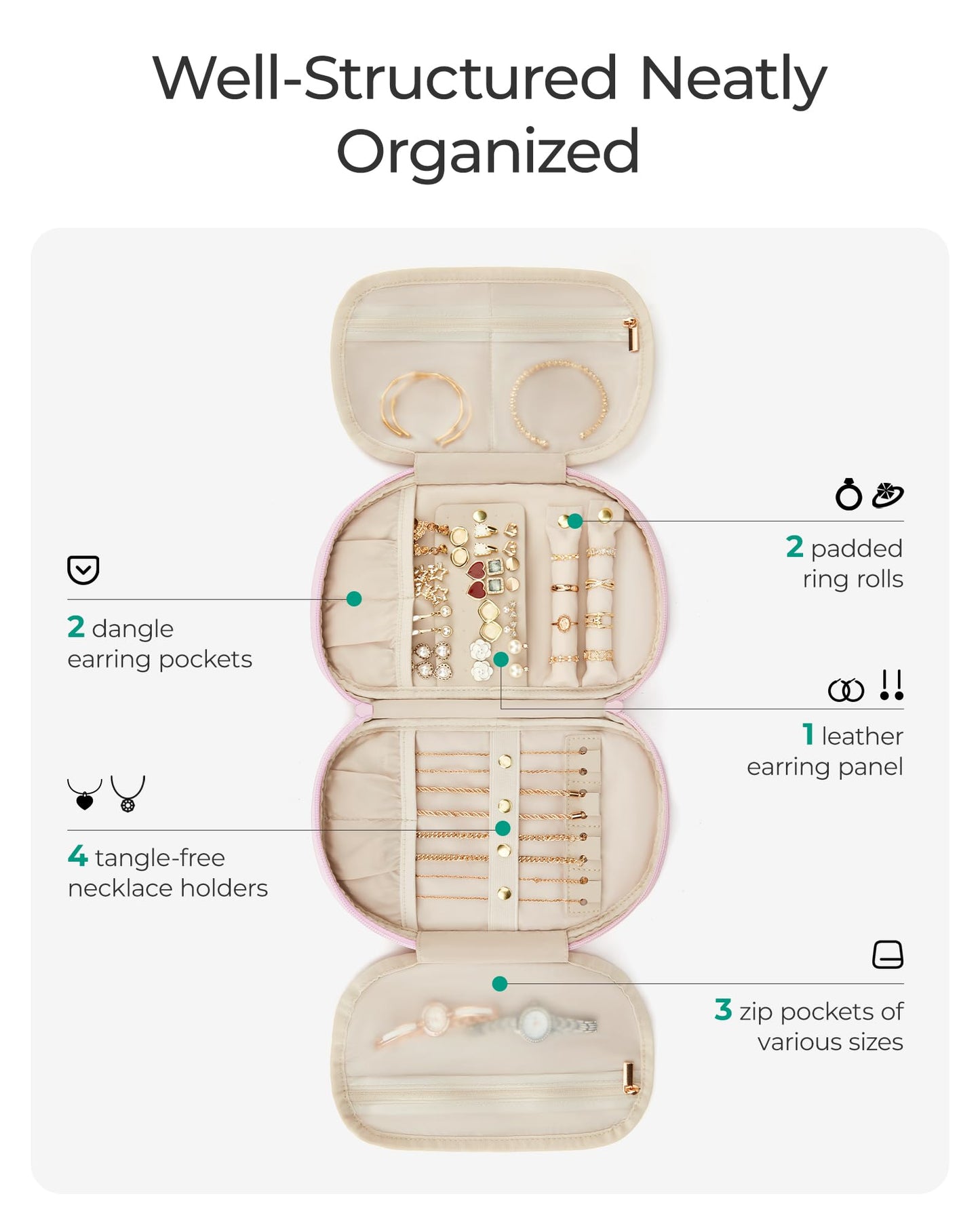 BAGSMART Travel Jewelry Case Jewelry Organizer Storage Roll Rings Necklaces Earrings Bracelets Brooches Watch Large Portable Light Pink