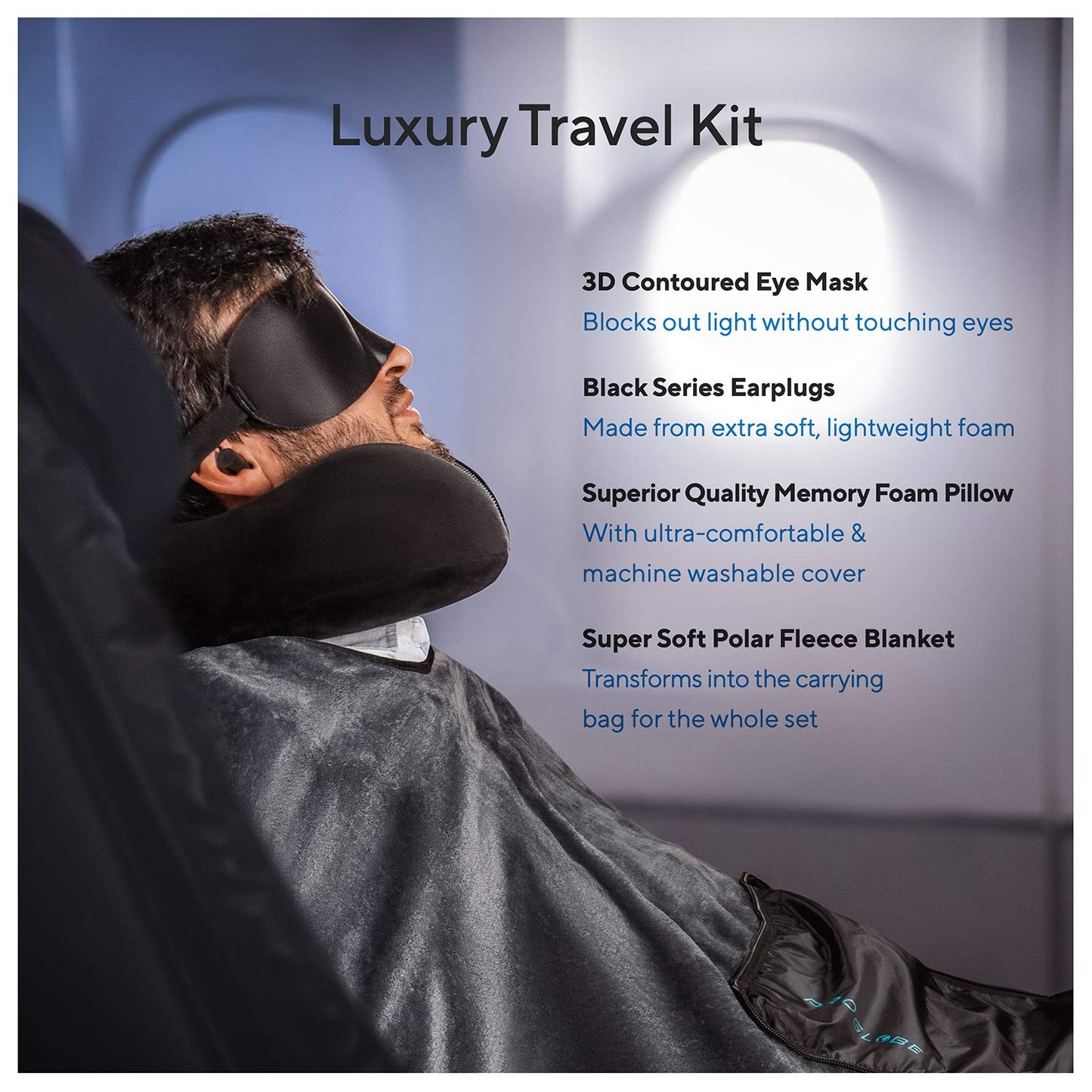 Proglobe Travel Blanket Luxury Travel Set - Ergonomic Airplane Neck Pillow 100% Pure Memory Foam and Super Soft Fleece Blanket - Premium 3D Sleep Mask & Earplugs - Ultimate 4-in-1 Traveling Kit Black