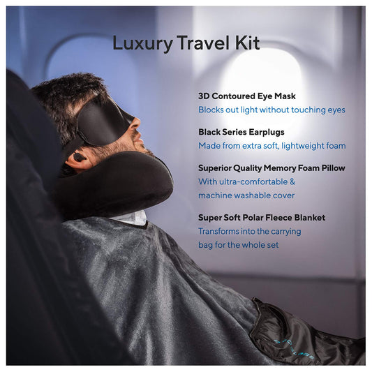 Proglobe Travel Blanket Luxury Travel Set - Ergonomic Airplane Neck Pillow 100% Pure Memory Foam and Super Soft Fleece Blanket - Premium 3D Sleep Mask & Earplugs - Ultimate 4-in-1 Traveling Kit Black