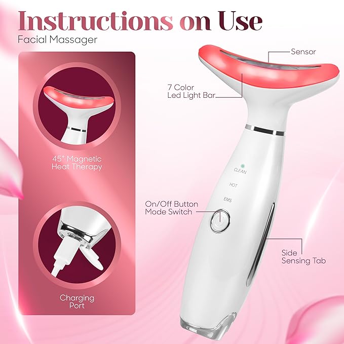 KLY Beauty Face & Neck Massager – 7-Color LED Light Therapy Device with Soothing Heat & Vibration for Relaxation and Skin Rejuvenation – White