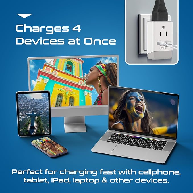 Ceptics Brazil Rio Power Plug Adapter Travel QC 3.0 & PD, Safe Dual USB & USB-C - 2 USA Socket Compact & Powerful - Supports Quick Charge 3.0 & Power Delivery - Type N AP-11C - Fast Charging