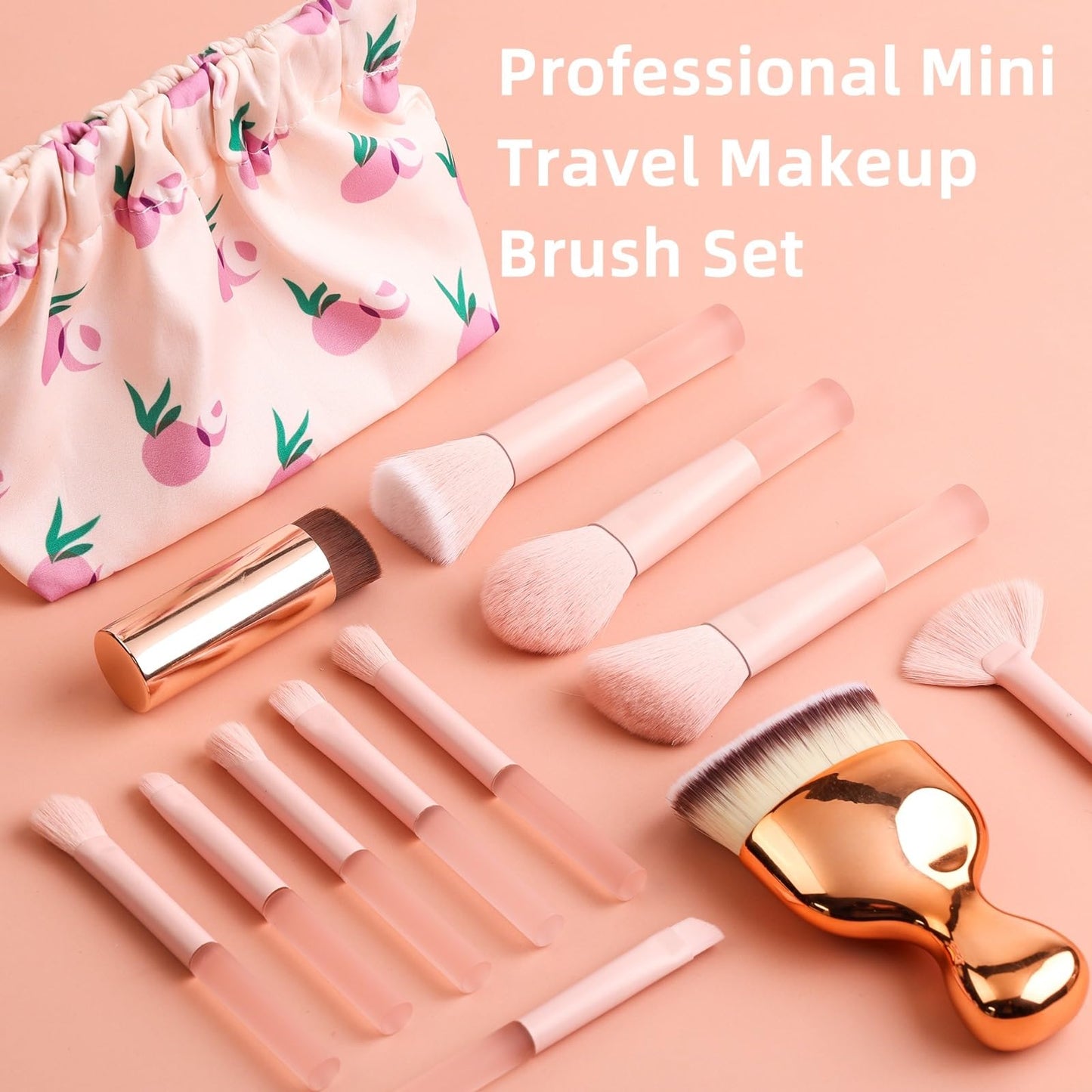 GOERTI 11 Pcs Mini Travel Makeup Brush Set With Case, Professional Premium Synthetic Kabuki Powder Foundation Blush Fan Highlight Eye Blending Shadows Concealer and Lips Brush Kit for Travel