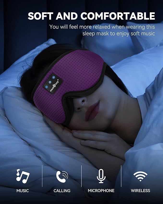 MUSICOZY 3D Sleep Headphones Mask Sleeping Headphones for Side Sleepers Eye Mask, Wireless Bluetooth Headband Headphones Cool Gadgets Unique Gifts(Purple)