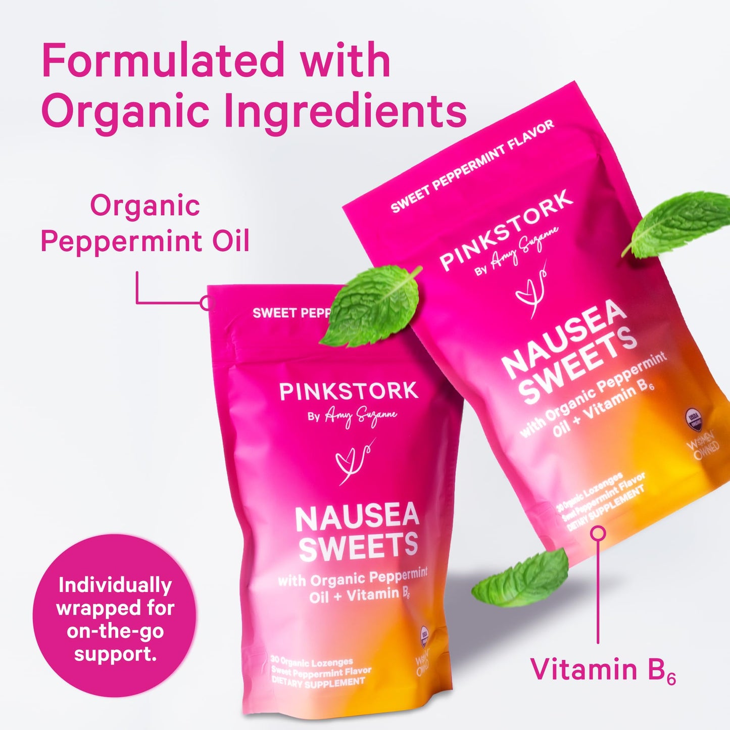 Pink Stork Organic Peppermint Sweets for Morning Sickness and Motion Sickness Support, Added Vitamin B6, 1st Trimester Pregnancy Must Haves - 30 Wrapped Peppermint Candies