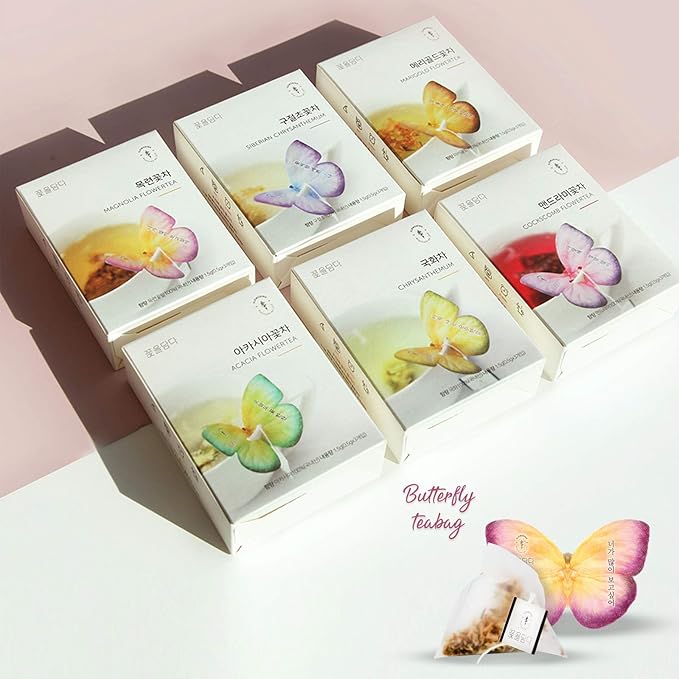 KKOKDAM Korean Tea Gift Set – 6 Flavor Butterfly Tea Bag Sampler – Elegant Box for Tea Lovers - Perfect as Unique Gifts or Gift Set for Women