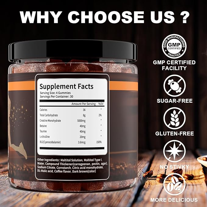 Coffee Flavor Creatine Monohydrate Gummies for Men & Women,Contains L-Taurine + Vitamin B12, Betaine, L-Citrulline for Improve Exercise Endurance, Muscle Strength -120 Count