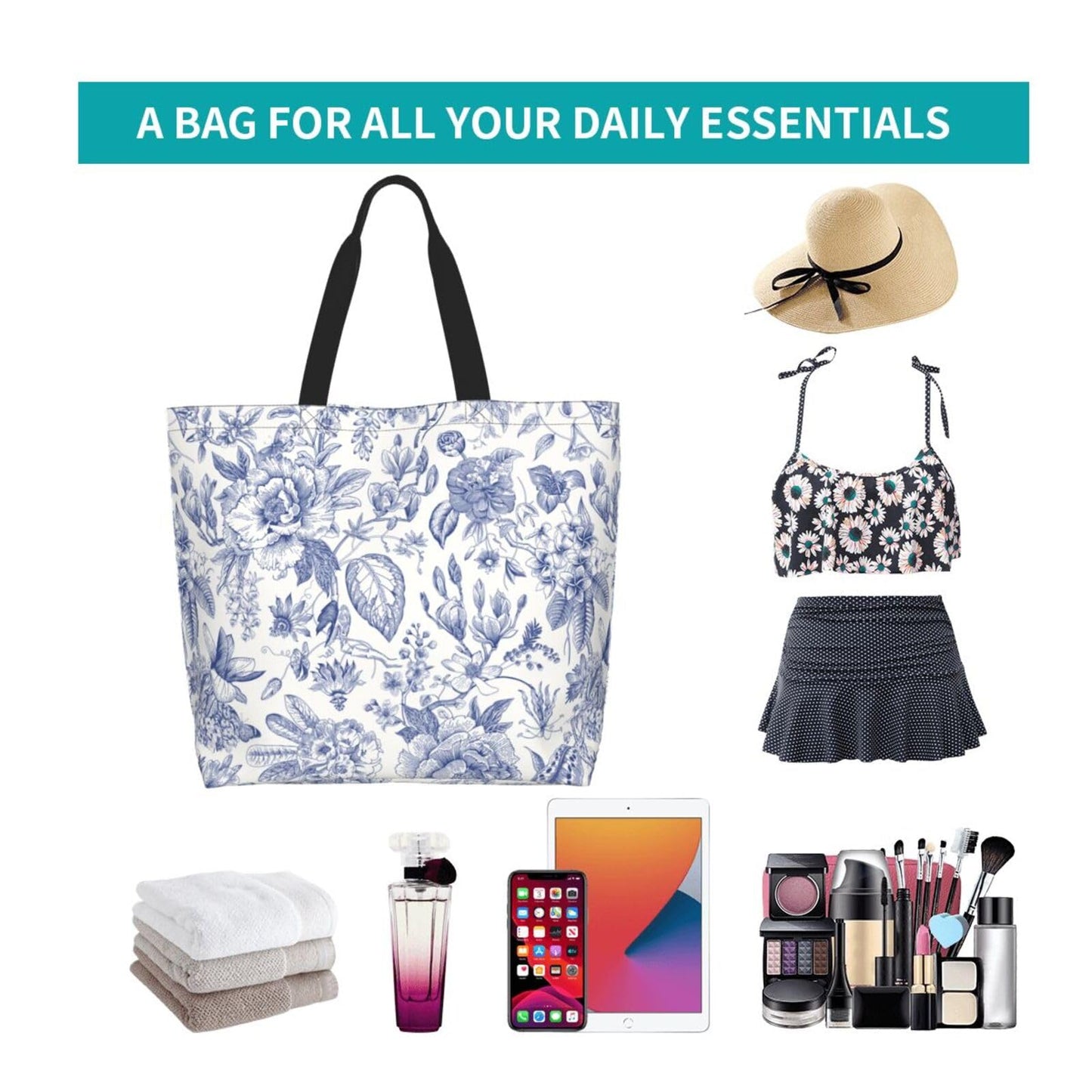 GVGOAGL Flower Blue White Leaves Tote Bag For Women, Large Waterproof Shoulder Bags Big Foldable Reusable Grocery Handbag For Travel Shopping Gym Sport Picnic Work Beach