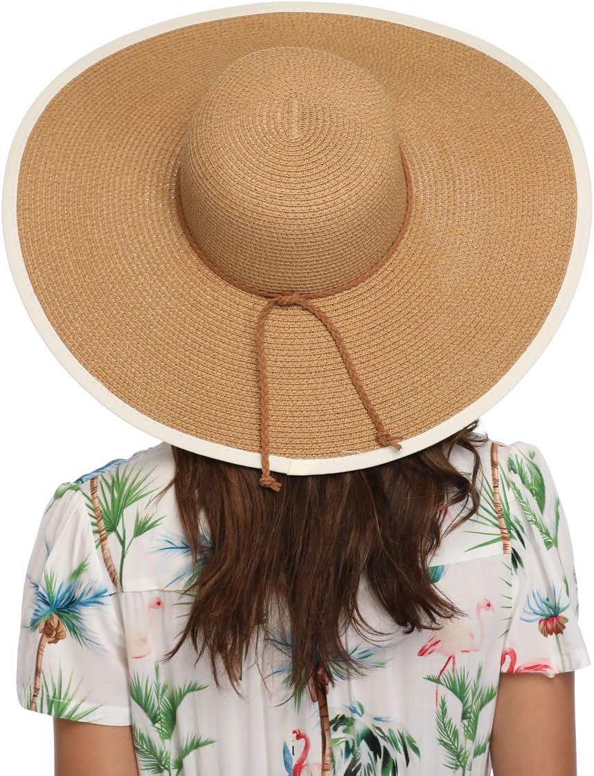Lanzom Womens Wide Brim Straw Hat Big Floppy Foldable Roll up Cap Beach Sun Hat UPF 50+(Twine-Khaki)