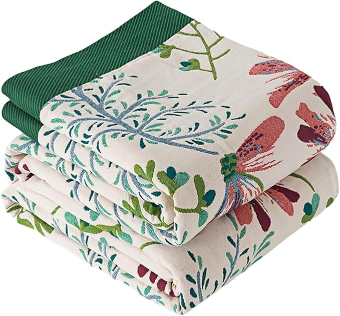 Boho Throw Blanket 100% Cotton, Green Grass Muslin Large Queen Size Quilt Blanket for Bed, Sofa, Couch, Farmhouse Decor Bed Blankets, All Season Rustic Throw Blanket