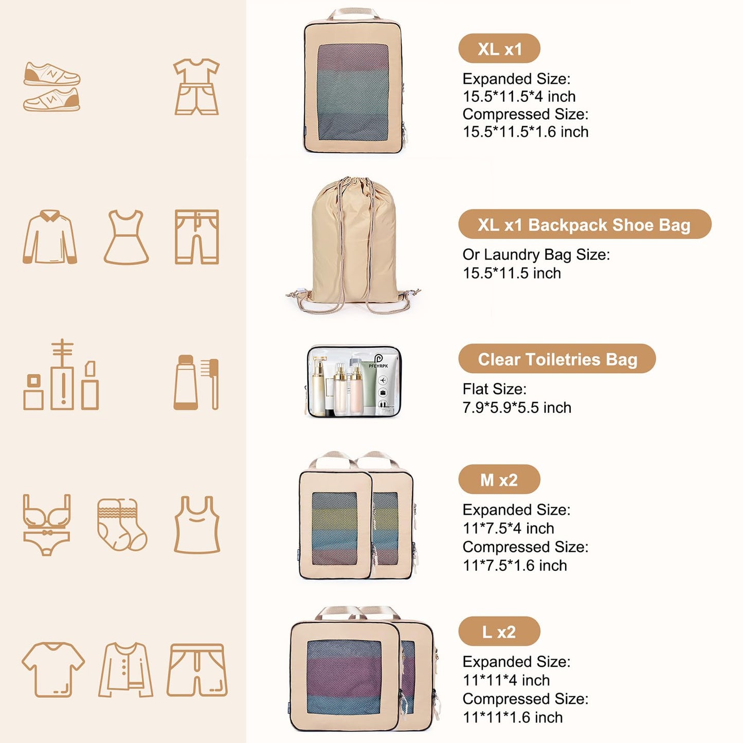 PFEYRPK 7 Set Compression Packing Cubes Packing Organizer for Travel,Travel Accessories for Carry on Luggage Suitcase Backpack Expandable Organizers(Khaki)