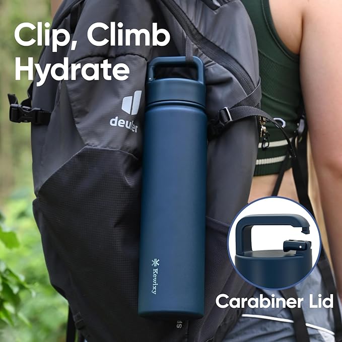 24 oz Insulated Water Bottle, 2-in-1 Lid, Straw & Spout with Protected, Leak Proof, Keep Cold, Stainless Steel, Metal, Reusable, Handle, for Travel, Gym and School, 2 Lids, Denim Blue