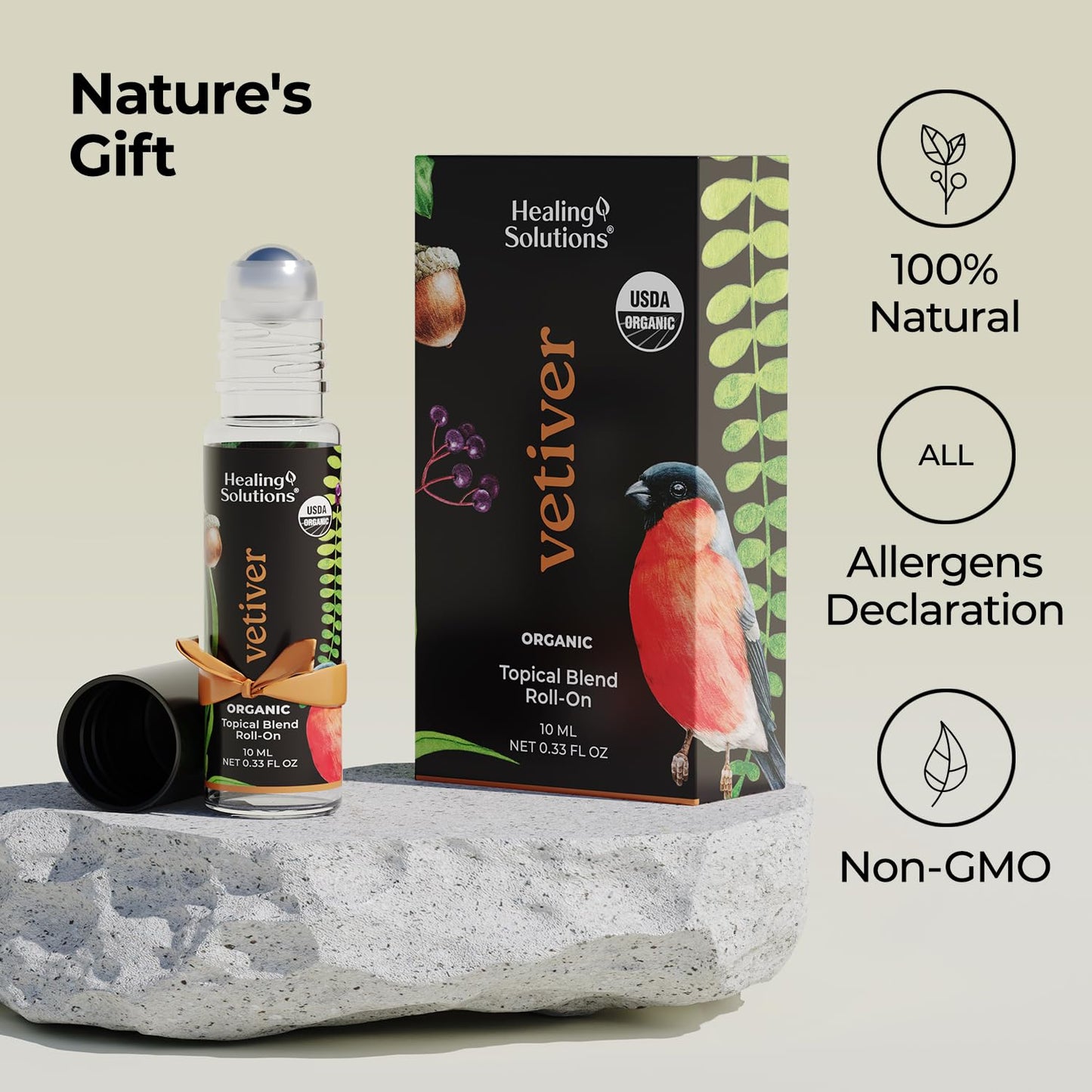 Healing Solutions (2 Pack) USDA Certified Organic Vetiver Essential Oil Roll-On for Skin Care - Essential Oil Roll On