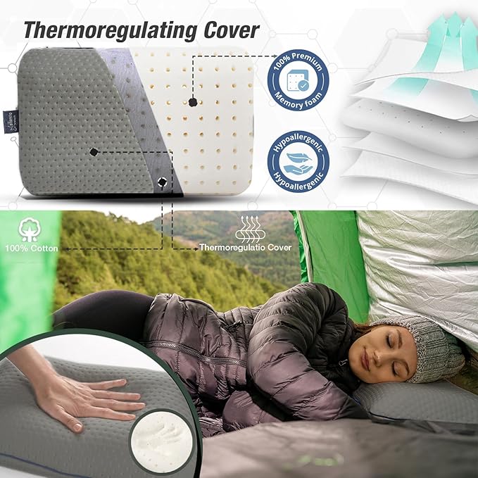 Travel & Camping Comfortable Memory Foam Pillow – Easy to Carry Portable Bag – Temperature Regulating Pillow Case (Grey)