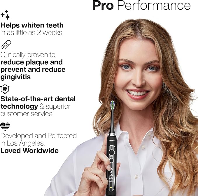 Aquasonic Black Series PRO UV – Ultra-Whitening Electric Toothbrush – 5 Modes & Smart Timers – UV Sanitizing Base, Premium Travel Case & 6 Proflex Brush Heads – ADA Accepted