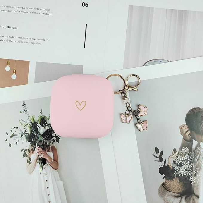 Compatible with Powerbeats Pro, Soft Silicone Case with Gold Heart Pattern for Powerbeats Pro Case with Cute Butterfly Keychain for Girls Women (Pink)