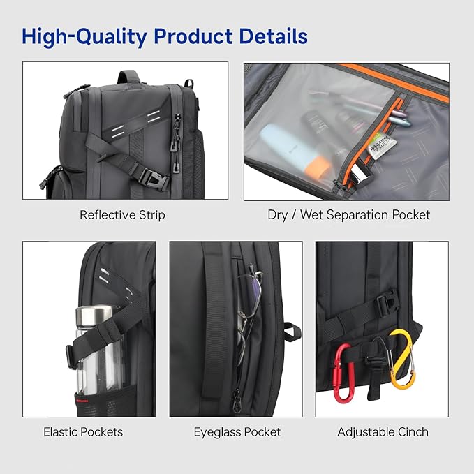 SWICKY Travel backpack 40L for men ，Extra Large Carry on Flight Approved Luggage Hand Water-resistant Lightweight Rucksack，Durable Large big Weekender Bag Daypack Fits 17.3 Inch Laptop，Black