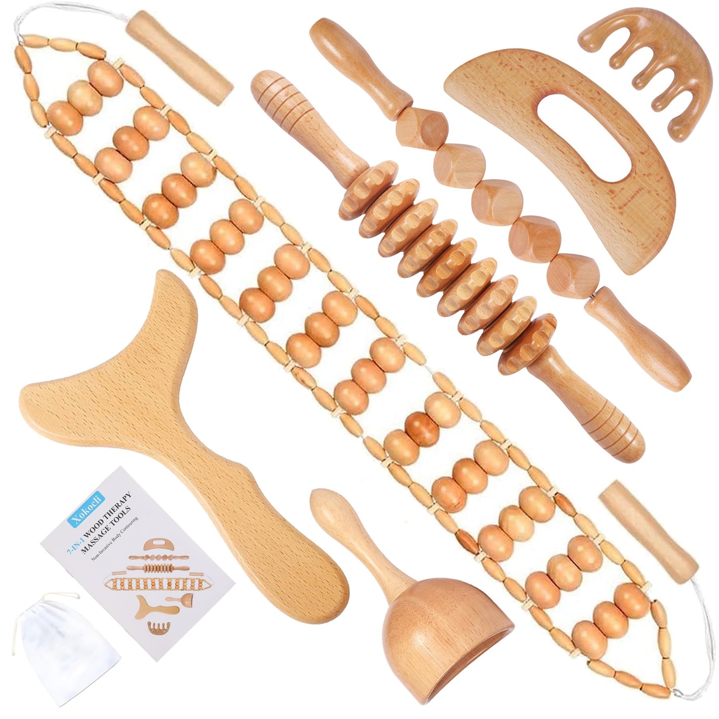 7-in-1 Wood Therapy Massage Tools Lymphatic Drainage Massager for Muscle Pain Relief | Maderoterapia Kit Body Sculpting Tools for Anti-Cellulite, Body Shaping