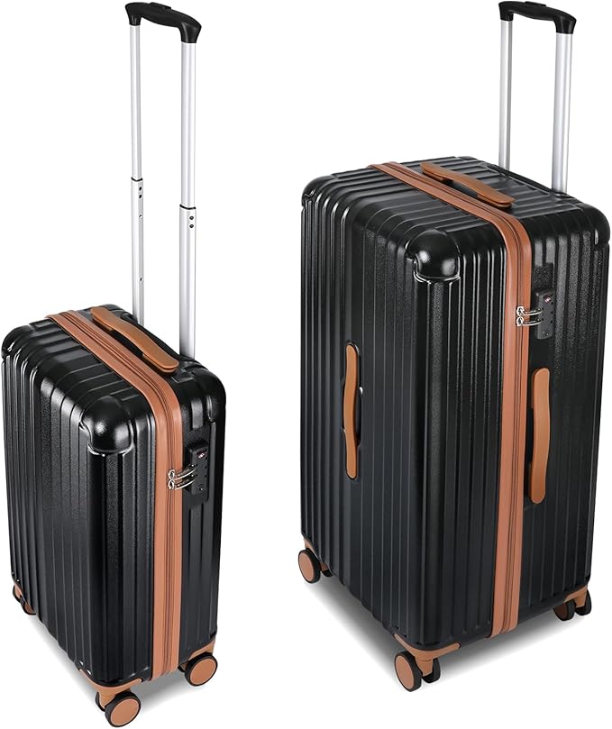 Carry-on 20 Inch and 28 Inch Square Thickened ABS+PC Hard Shell luggage, 2-Piece Suitcase Set with TSA Lock & Dual Zipper Mesh Inner Layer Design, Black Brown