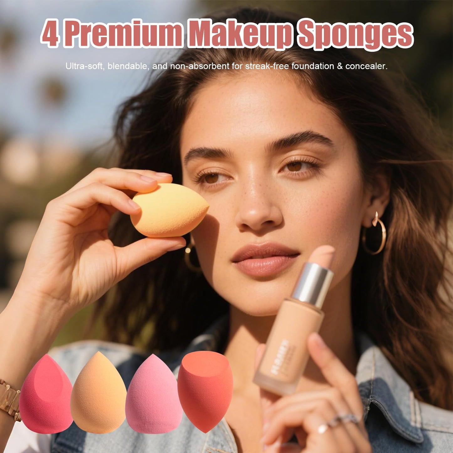 BS-MALL Makeup Sponge Set With Diamond-shaped Kabuki Powder Brush - 14 Pcs Portable Blender Sponge, Triangle Puff And Multi-functional Sponges For Liquid, Cream,With Travel Case (Orange Pink)