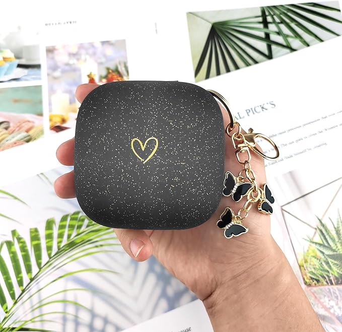 Compatible with Powerbeats Pro, Soft Silicone Case with Gold Heart Pattern for Powerbeats Pro Case with Cute Butterfly Keychain for Girls Women (Glitter Black)
