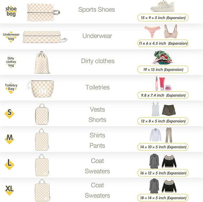 8 Set Compression Packing Cubes Travel, Lightweight Durable Packing Compression Cubes, Accessories Bags Packing Cubes for Travel Luggage Organizer (Khaki Checkered)