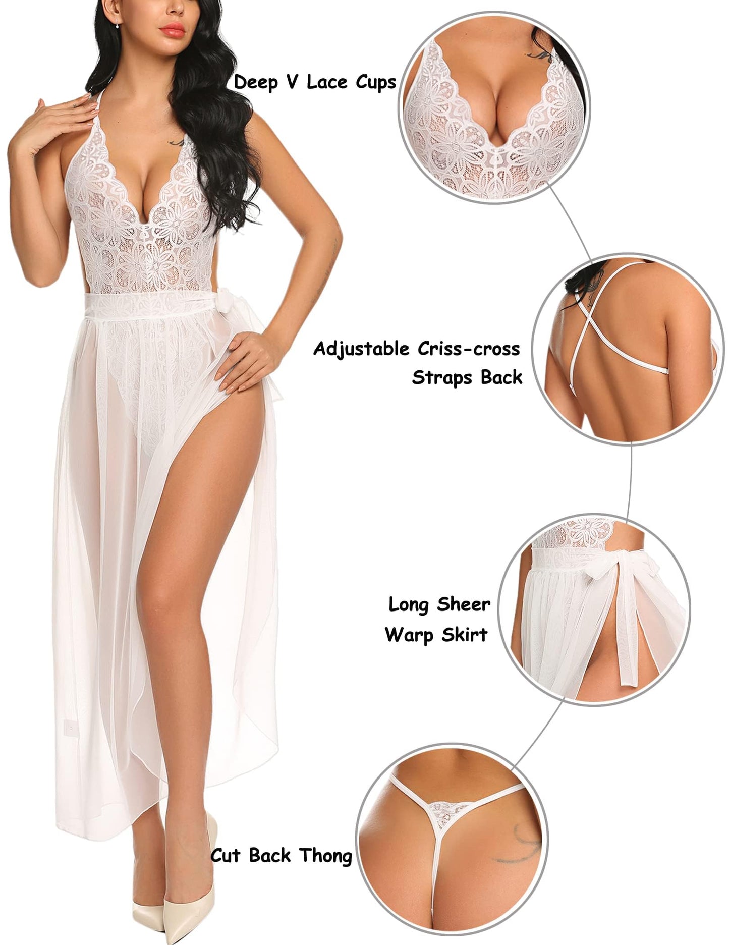 Avidlove Women Lingerie Sexy Nightgown 2 pieces Set Bridal Lingerie Lace Teddy Sheer Wrap Skirt White Medium