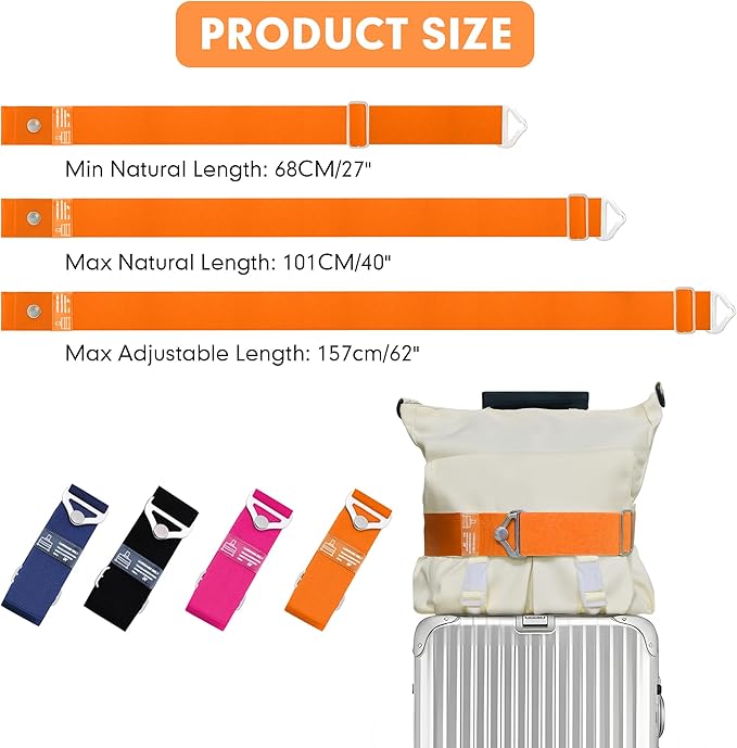 2-in-1 Travel Strap for Luggage Over Handle,Luggage Belt for Carry on Bag, Suitcase Belt, Add a Bag Bungees Luggage Straps Adjustable with Alloy Buckle, Hands-Free for Airport (Orange)