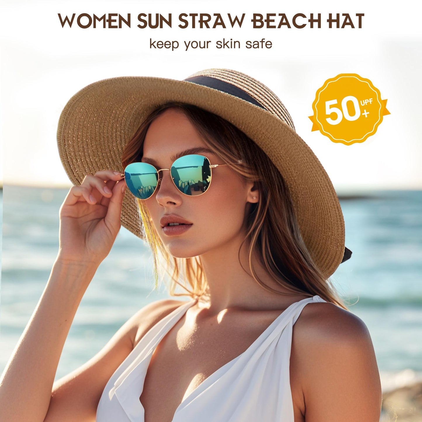 Beach Hats for Women, Wide Brim Sun Hat for Women, UPF 50+ UV Sun Protection Sun Straw Hat Womens, Floppy Sun Hat Foldable Roll up Cap A-Khaki