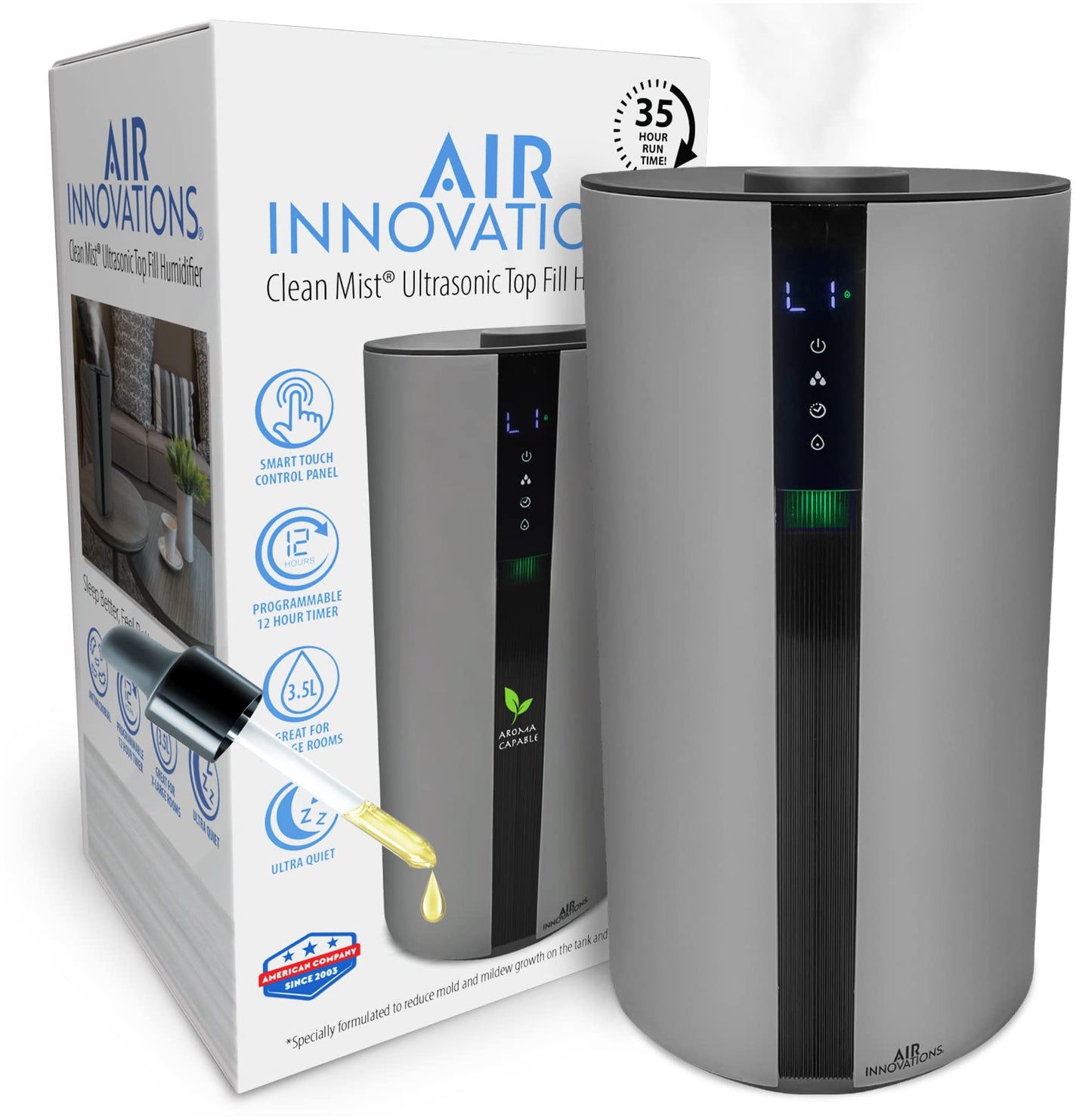 Air Innovations AI-104 Ultrasonic Cool Mist Humidifier for Large Bedroom – Quiet Cool Diffuser with 3.5L Tank, 35-Hour Runtime, Auto Shut-Off, Top-Fill Design – Ideal for Home, Baby, & Plant Rooms