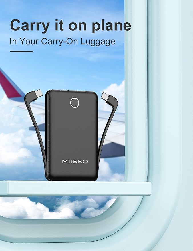 10000mAh Compatible with iPhone 15/16/17 (Only) Slim Portable Charger with Built in Cable, Power Bank Travel Charger External Battery Pack for Phone, 3 Output USB Type C Cord Clutch Charger, Black