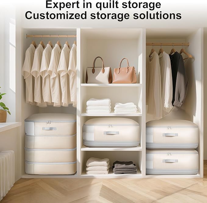 Comforter Storage Bag - 130L Large Capacity Blanket Storage Bags 4-Layer Ultra Space Saving Self Compression Organizer, Washable Compression Bags for Storage Comforter Blanket, 4-Pack, Beige