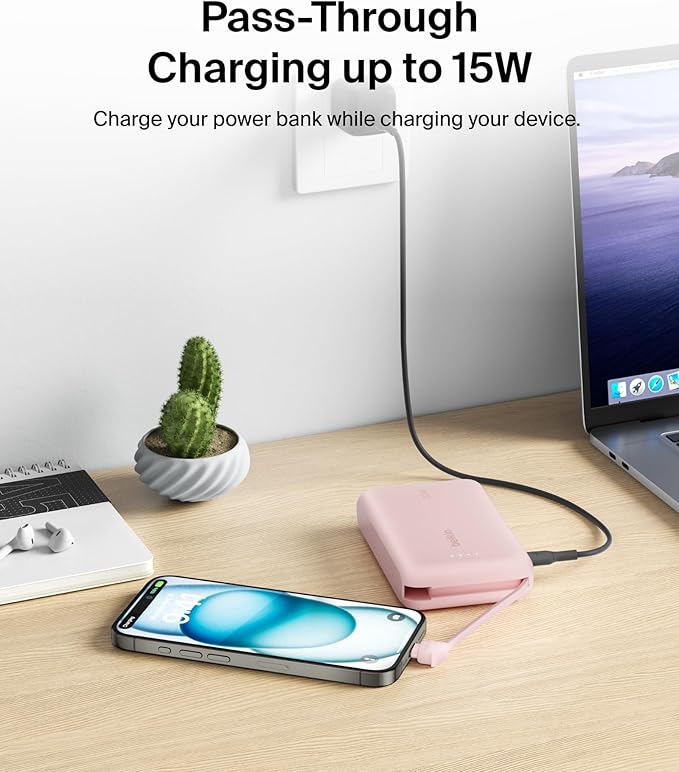 Belkin Portable Charger, Power Bank with Integrated Cable 10000 mAh 20W - Fast Charge USB C Power Delivery, iPhone Charger - iPhone 17, Air, Pro, Pro Max, iPad, Galaxy S25, & More - Pink