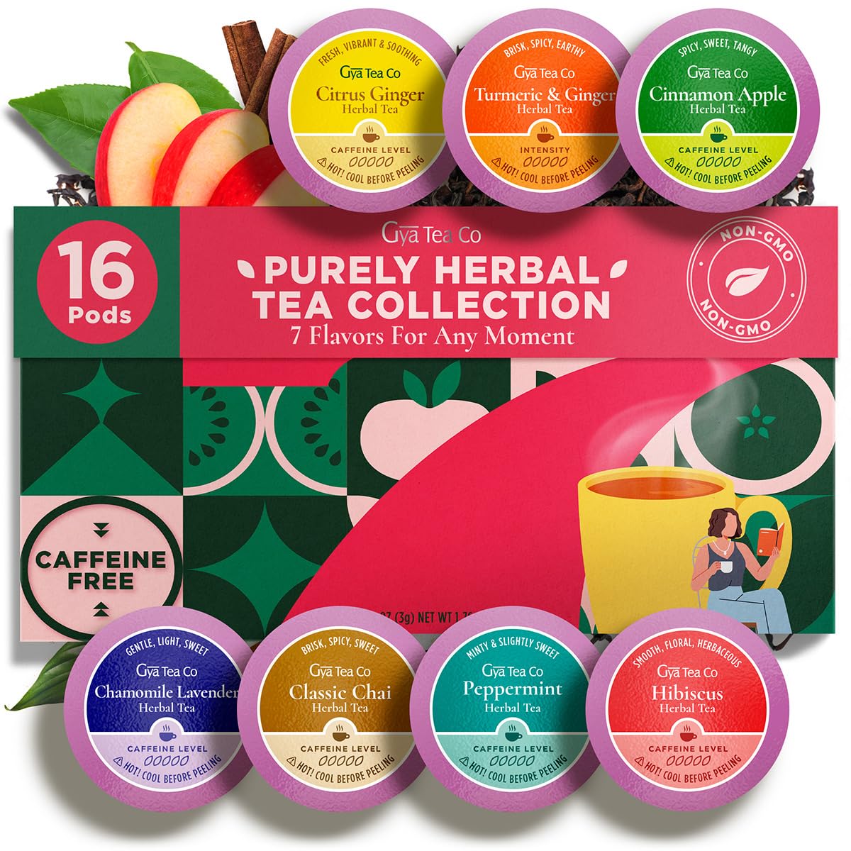 Gya Tea Co Caffeine Free Tea Gift Set Purely Herbal Collection Tea Pod (16 ct) - 7 Flavors Assorted Variety Pack with Hibiscus, Chamomile & Ginger