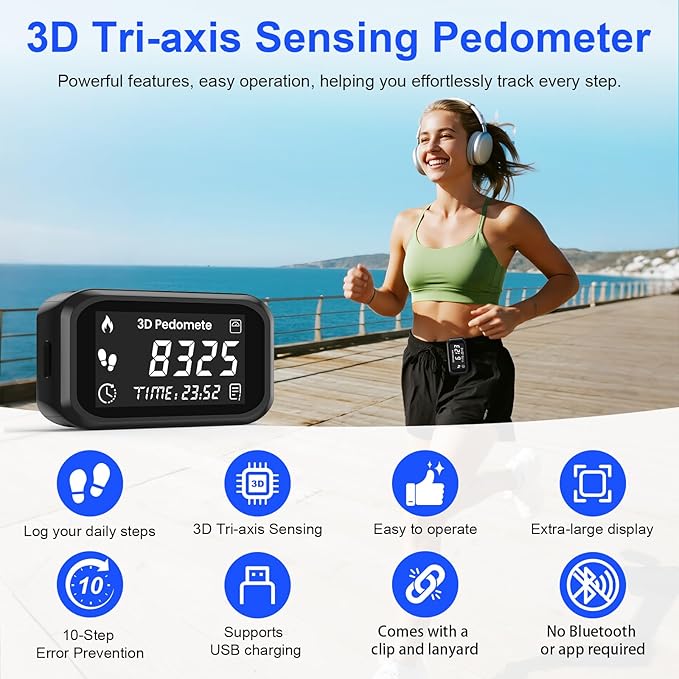 3D Pedometer Step Counter for Walking, Running & Fitness - Accurate Step & Calorie Tracker with LCD Display, Waist Clip & Armband, Rechargeable Battery - Track Daily Activity & Health Data