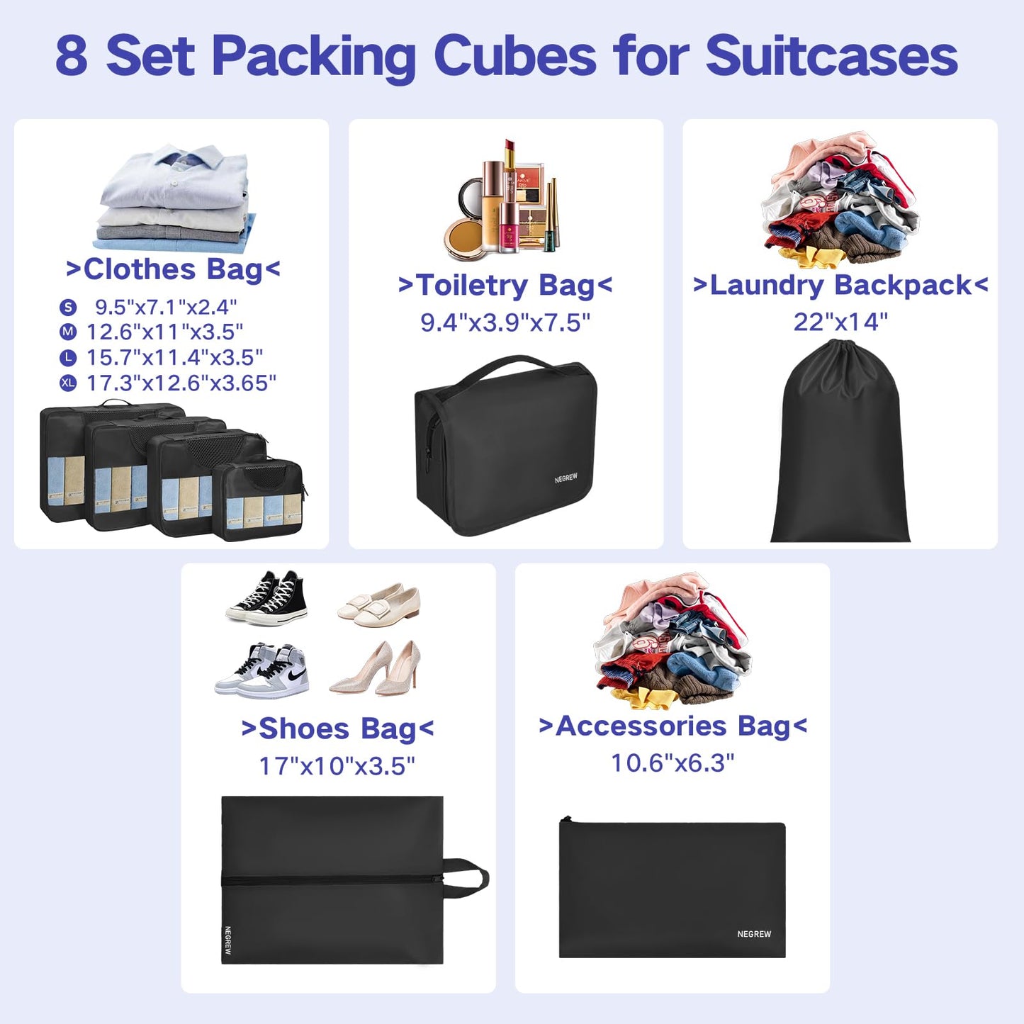 Compression Packing Cubes for Travel, 8 Set Packing Cubes for Suitcases, Breathable Mesh Travel Bags Organizer for Luggage Lightweight Vacation Essentials Accessories (Black)