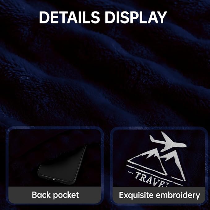 Travel Blanket and Pillow-2-in-1, Ultra-Soft&Compact, One-Piece Airplane Blanket with Hand Luggage Belt and Backpack Clip,Travelers Accessories Gifts, 61x43 Inches（Navy）