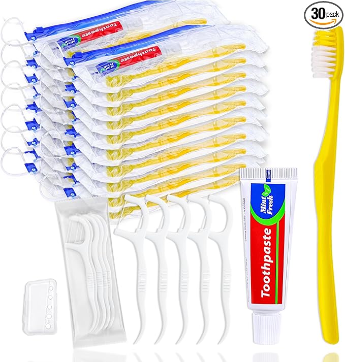 30 pcs Disposable Toothbrushes with Toothpaste and Floss Set,Yellow Individually Wrapped Bulk Single Use Toothbrush Floss Cover Travel Toothbrushes Kit with Zip Bag for Homeless,Hotel,Guest